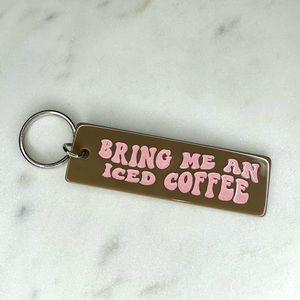 Bring Me An Iced Coffee Keychain, Coffee Accessory Silver Keyring,Brown and Pink